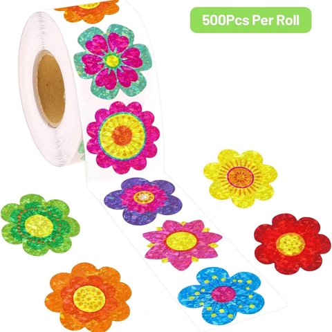 Rotolo di Adesivi Floreali Olografici in Carta Patinata Autoadesiva a Forma di Fiore Etichette Sigillo per Decorazione Scatole Regalo Scrapbooking Etichetta Decorativa
