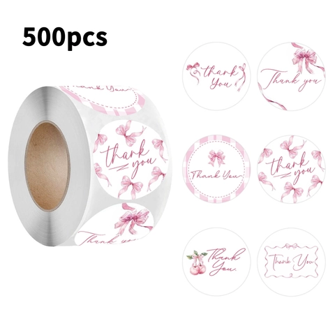 Pink Thank You Stickers Round Adhesive Sealing Labels With Bow And Cherry Pattern For Gift Wrapping Decorative Label