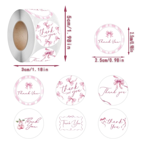 Pink Thank You Stickers Round Adhesive Sealing Labels With Bow And Cherry Pattern For Gift Wrapping Decorative Label