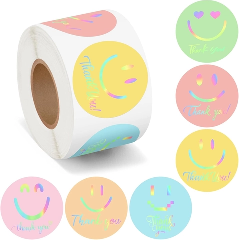 Holografisch Lächeln Gesicht Thank You Aufkleber Rolle Für Kinder Belohnung Geschenk Versiegelung Laser Mehrfarbig Rund Klebeetikett Deko