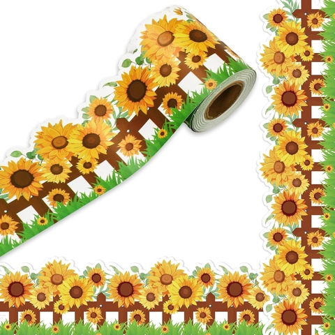 Sunflower Bulletin Board Border Stickers Continuous Roll Self Adhesive Daisy Floral Wall Border Trim For Classroom Office School Decoration