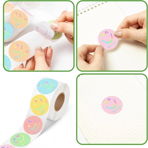 Holografisch Lächeln Gesicht Thank You Aufkleber Rolle Für Kinder Belohnung Geschenk Versiegelung Laser Mehrfarbig Rund Klebeetikett Deko