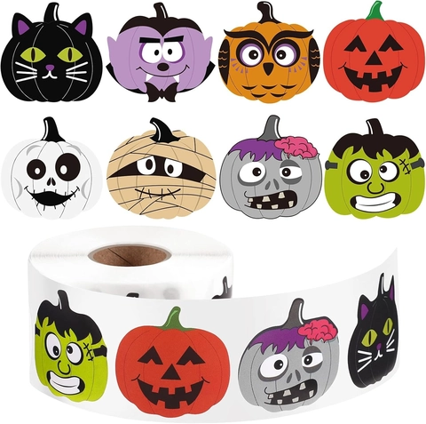 Halloween Cartoon Round Stickers Roll Pumpkin Ghost Skeleton Decorative Labels For Festival Party Gift Sealing DIY Decor