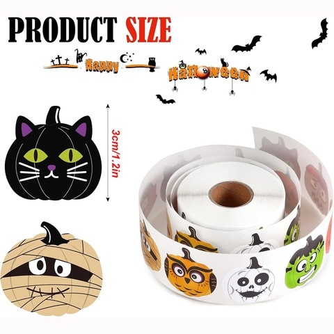 Halloween Cartoon Round Stickers Roll Pumpkin Ghost Skeleton Decorative Labels For Festival Party Gift Sealing DIY Decor