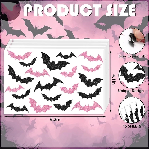 Adesivi Pipistrello Halloween Etichette Adesive Glitter Rosa Nero Laser Decals per Festival Celebrazione Festa Decorazione Parete