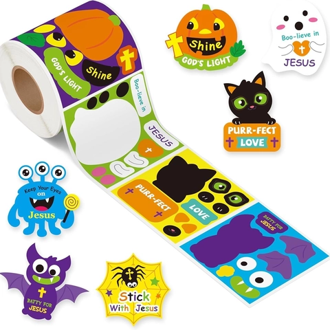 Adesivi Religiosi di Halloween Carta Patinata Multicolore Zucca Fantasma Slogan Cristiani Rotolo Etichette Decorative