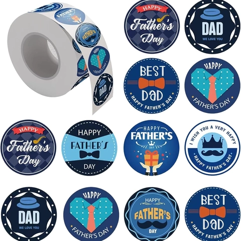 Autocollants Happy Father's Day en Papier Kraft Étiquettes de Sceau Rondes pour Décoration d'Emballage de Boîte Cadeau Motif Moustache Cravate Chapeau