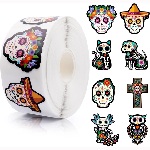 Mexican Day Of The Dead Sugar Skull Stickers Adhesive Paper Decorative Labels Halloween Party Gift Sealing Mexican Style