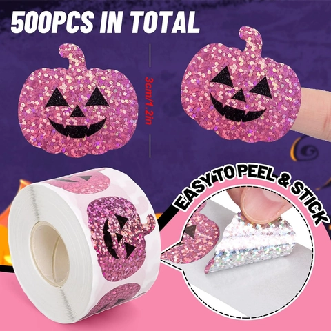Halloween Pink Glitter Pumpkin Stickers Sealing Labels For Party Decoration Gift Packaging Self-Adhesive Festive Stickers