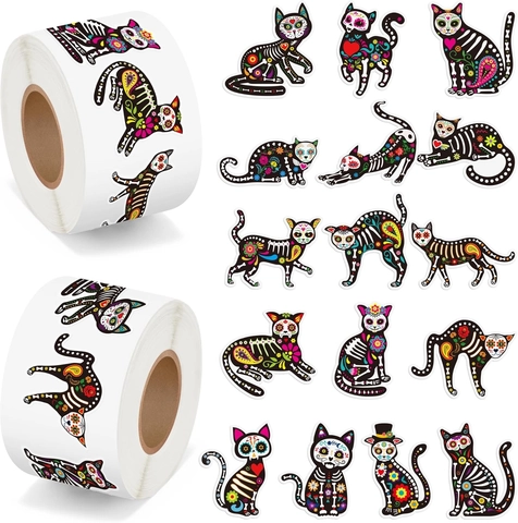 500 Stück Halloween Tag Der Toten Aufkleber Rolle Katzen Skelett Zuckerschädel Deko Etiketten Für Geschenkbox Party Versiegelung