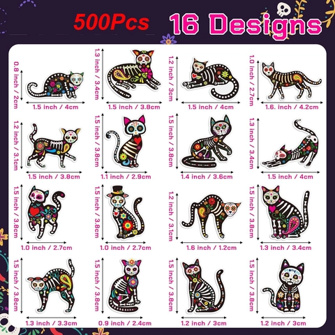 500 Stück Halloween Tag Der Toten Aufkleber Rolle Katzen Skelett Zuckerschädel Deko Etiketten Für Geschenkbox Party Versiegelung
