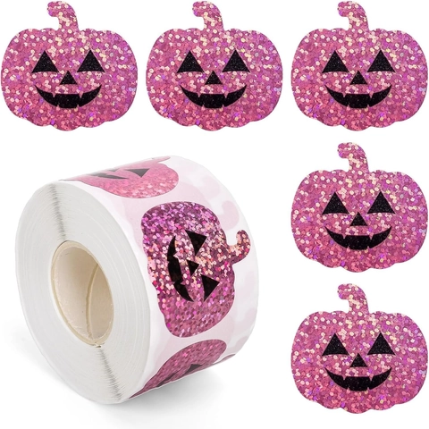 Halloween Pink Glitter Pumpkin Stickers Sealing Labels For Party Decoration Gift Packaging Self-Adhesive Festive Stickers
