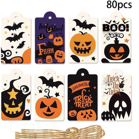 Set di Etichette Regalo di Halloween con Spago Carta Patinata Zucca Pipistrello Fantasma Etichette Decorative per Feste