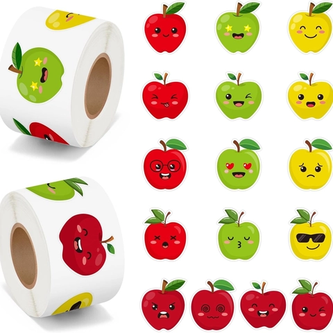 Adesivi Decorativi a Forma di Animali Cartone Animato Mela Scuolabus Rotolo da 500 Etichette Adesive per Scrapbooking Fai da Te Regalo Bambini