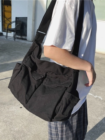 Borsa a Tracolla Unisex in Tela di Grande Capacità Multitasche Stile Workwear Giapponese Tote Bag per Studenti Uso Quotidiano