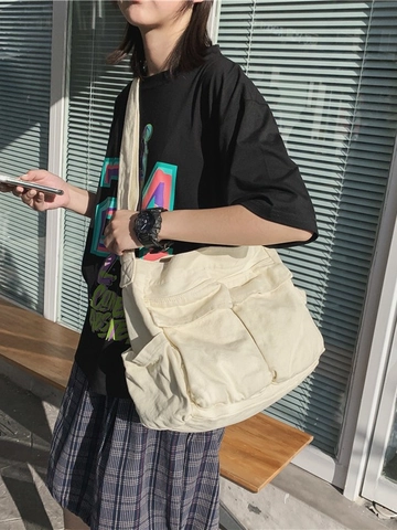 Borsa a Tracolla Unisex in Tela di Grande Capacità Multitasche Stile Workwear Giapponese Tote Bag per Studenti Uso Quotidiano