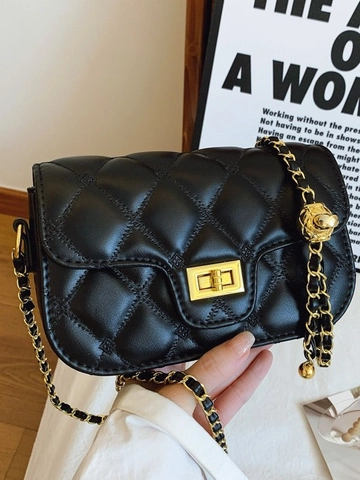 Women Quilted Diamond Lattice Crossbody Bag PU Leather Small Square Shoulder Bag With Adjustable Golden Ball Chain Strap