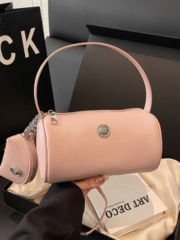 Bolso de Mano Cilíndrico de PU con Patrón de Litchi para Mujer Bolso de Bandolera de Moda con Mini Monedero Redondo Color Sólido