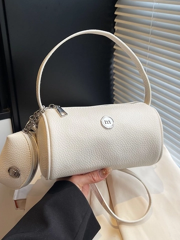 Bolso de Mano Cilíndrico de PU con Patrón de Litchi para Mujer Bolso de Bandolera de Moda con Mini Monedero Redondo Color Sólido