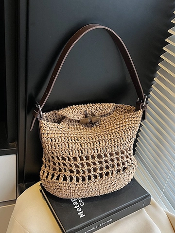 Women Straw Woven Bucket Bag With Wood Toggle Button Adjustable PU Leather Strap Hollow Out Summer Beach Vacation Tote Casual Shoulder Bag