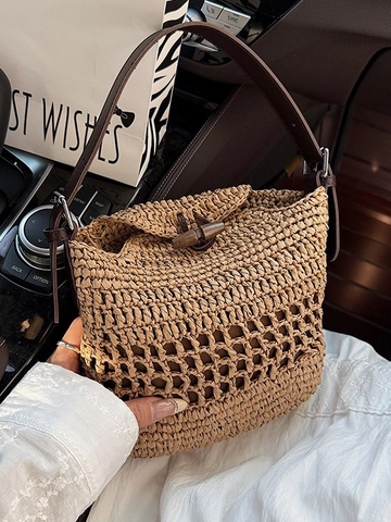 Women Straw Woven Bucket Bag With Wood Toggle Button Adjustable PU Leather Strap Hollow Out Summer Beach Vacation Tote Casual Shoulder Bag