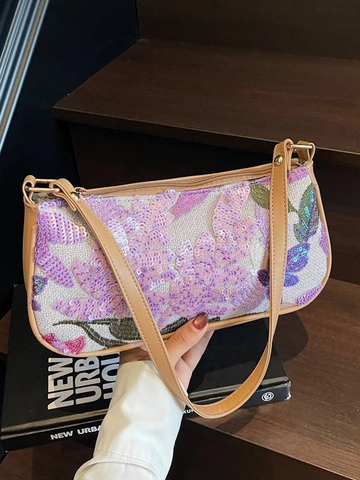 Damen Vintage Pailletten Blumen Stickerei Achseltasche PU Lederbesatz Elegante Schulterhandtasche Mode Baguette Handtasche