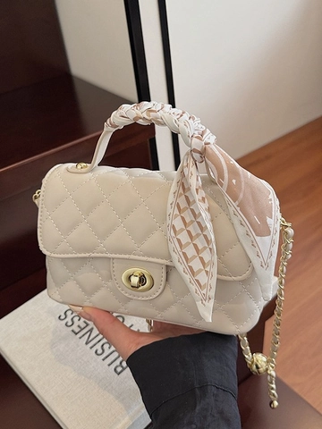 Sac Bandoulière Matelassé en Cuir PU Avec Poignée Foulard Serrure en Métal Doré Sac à Épaule Chaîne pour Femme