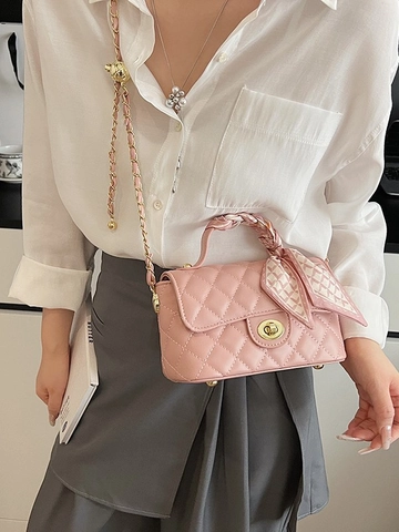 Sac Bandoulière Matelassé en Cuir PU Avec Poignée Foulard Serrure en Métal Doré Sac à Épaule Chaîne pour Femme