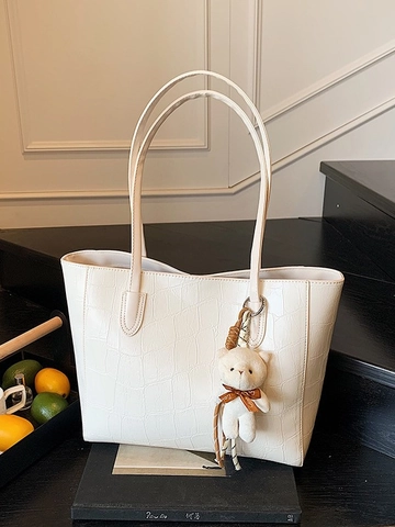 Borsa Tote da Donna in Pelle PU con Motivo Coccodrillo Grande Capacità Borsa a Tracolla Con Portachiavi Orsetto di Peluche