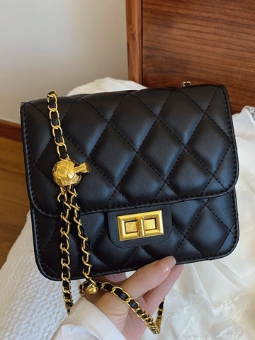 Borsa Quadrata Piccola in Pelle PU Trapuntata Moda Donna Con Tracolla a Catena Regolabile Sfera d'Oro Borsa a Tracolla Trapuntata
