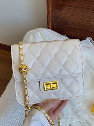 Borsa Quadrata Piccola in Pelle PU Trapuntata Moda Donna Con Tracolla a Catena Regolabile Sfera d'Oro Borsa a Tracolla Trapuntata