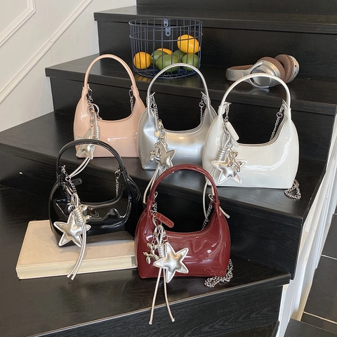 Women Glossy PU Leather Underarm Bag Fashion Half Moon Hobo Handbag With Star Pendant Metal Chain Strap Chic Shoulder Bag