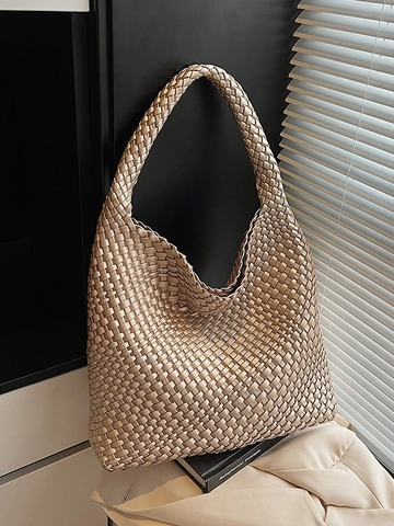 Bolso de Mano Tejido para Mujer Gran Capacidad Cuero PU Bolso de Hombro Bolso de Cubo para Axila Bolso de Moda Casual para Viajes Diarios