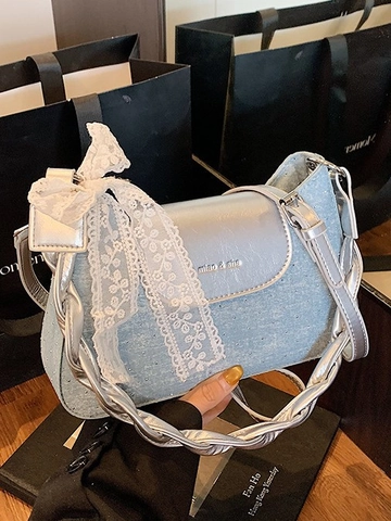 Retro Denim Texture PU Leather Underarm Bag For Women Vintage Rhinestone Lace Bow Shoulder Bag Fashion Baguette Handbag
