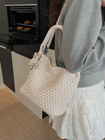 Women Woven Tote Bag Large Capacity Handcrafted PU Hobo Shoulder Bag With Star Charm Retro Commute Fashion Handbag For Daily