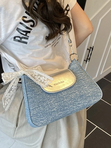 Retro Denim Texture PU Leather Underarm Bag For Women Vintage Rhinestone Lace Bow Shoulder Bag Fashion Baguette Handbag