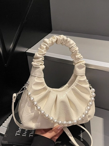 Borsa Donna alla Moda Nuvola Increspata in Pelle PU Catena di Perle Artificiali Manico a Pieghe Borsa a Tracolla Regolabile