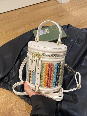 Mode Regenbogen Gewebte Stroh Beuteltasche Für Damen Zylindrische PU Leder Patchwork Handtasche Urlaubsstil Schulter Umhängetasche