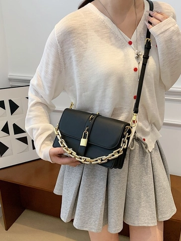 Borsa a Tracolla da Donna Vintage in Pelle PU con Catena Piccola Quadrata Lucchetto alla Moda Borsa a Spalla Postino Tote