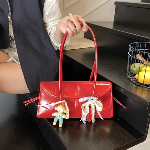 Bolso de Hombro Baguette para Mujer Cuero PU Tote Con Lazo Encaje Colgante de Dibujos Animados Moda 2025 Urbano Simple Bolso de Axila