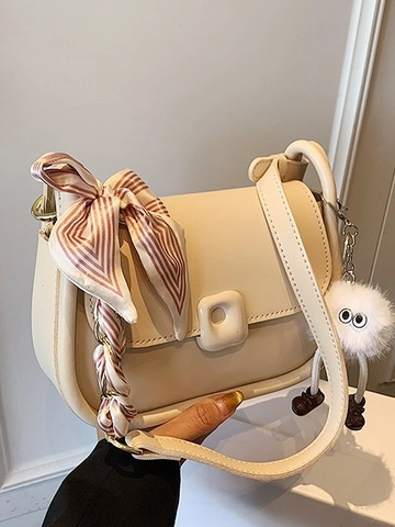 Fashion Women PU Leather Small Square Bag With Scarf Decoration And Plush Pendant Versatile Crossbody Bag Daily Shoulder Bag