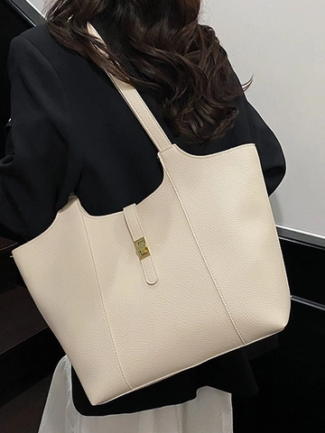 Minimalist PU Leather Litchi Grain Large Capacity Tote Bag For Women With Metal Lock Single Shoulder Crossbody Handbag