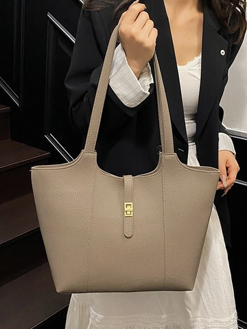 Minimalist PU Leather Litchi Grain Large Capacity Tote Bag For Women With Metal Lock Single Shoulder Crossbody Handbag