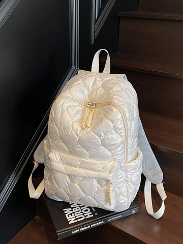 Mochila Acolchada Puffer de Moda para Mujer de PU con Relleno de Algodón Espacial Gran Capacidad Patrón de Corazón Bolso de Hombro Casual para Viajes