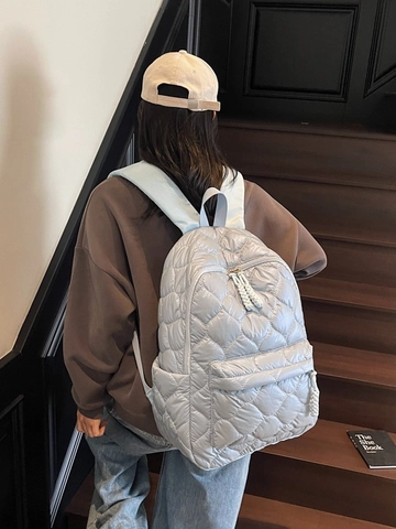Mochila Acolchada Puffer de Moda para Mujer de PU con Relleno de Algodón Espacial Gran Capacidad Patrón de Corazón Bolso de Hombro Casual para Viajes