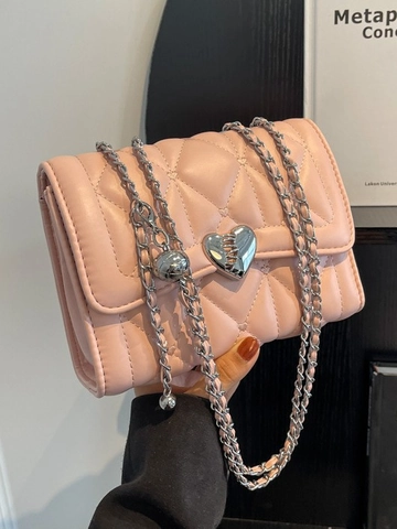 Quilted Rhombic Mini Crossbody Bag For Women Trendy Heart Shaped Clasp Silver Chain Strap PU Leather Fashion Shoulder Bag