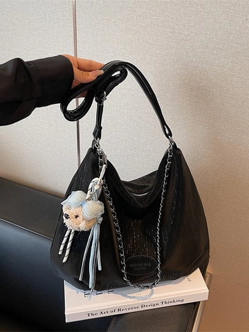 Borsa Tote da Donna in PU Grande Capacità Borsa a Spalla Hobo Casual Con Ciondolo Orsetto e Decorazione Catena in Metallo