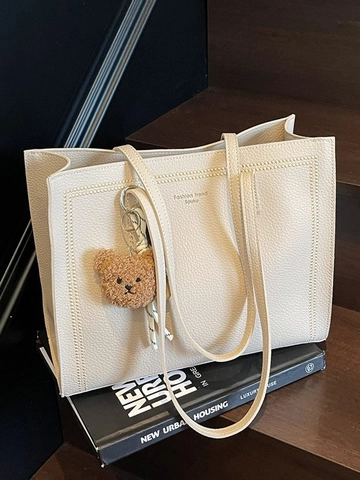 Borsa Tote da Donna a Grande Capacità Motivo Litchi in Pelle PU Con Ciondolo a Orsetto Vintage Minimalista Borsa a Spalla