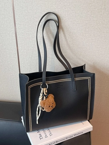 Borsa Tote da Donna a Grande Capacità Motivo Litchi in Pelle PU Con Ciondolo a Orsetto Vintage Minimalista Borsa a Spalla