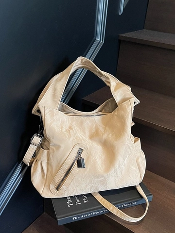 Borsa Tote in Pelle PU alla Moda Grande Capacità Texture Increspata Borsa a Tracolla per il Pendolarismo Urbano